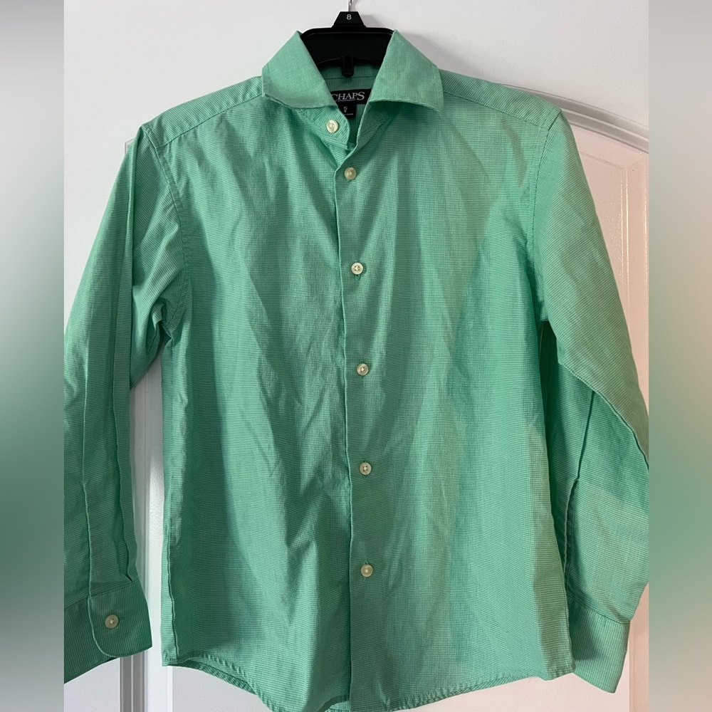 CHAPS Youth Boy's Button-down Long Sleeve Polo Shirt Green Gingham Small 8